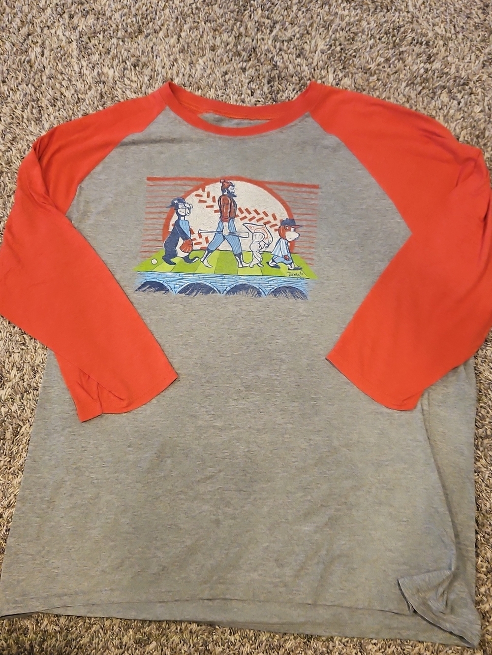 Grey & Red Raglan Tee with Cartoon Graphic